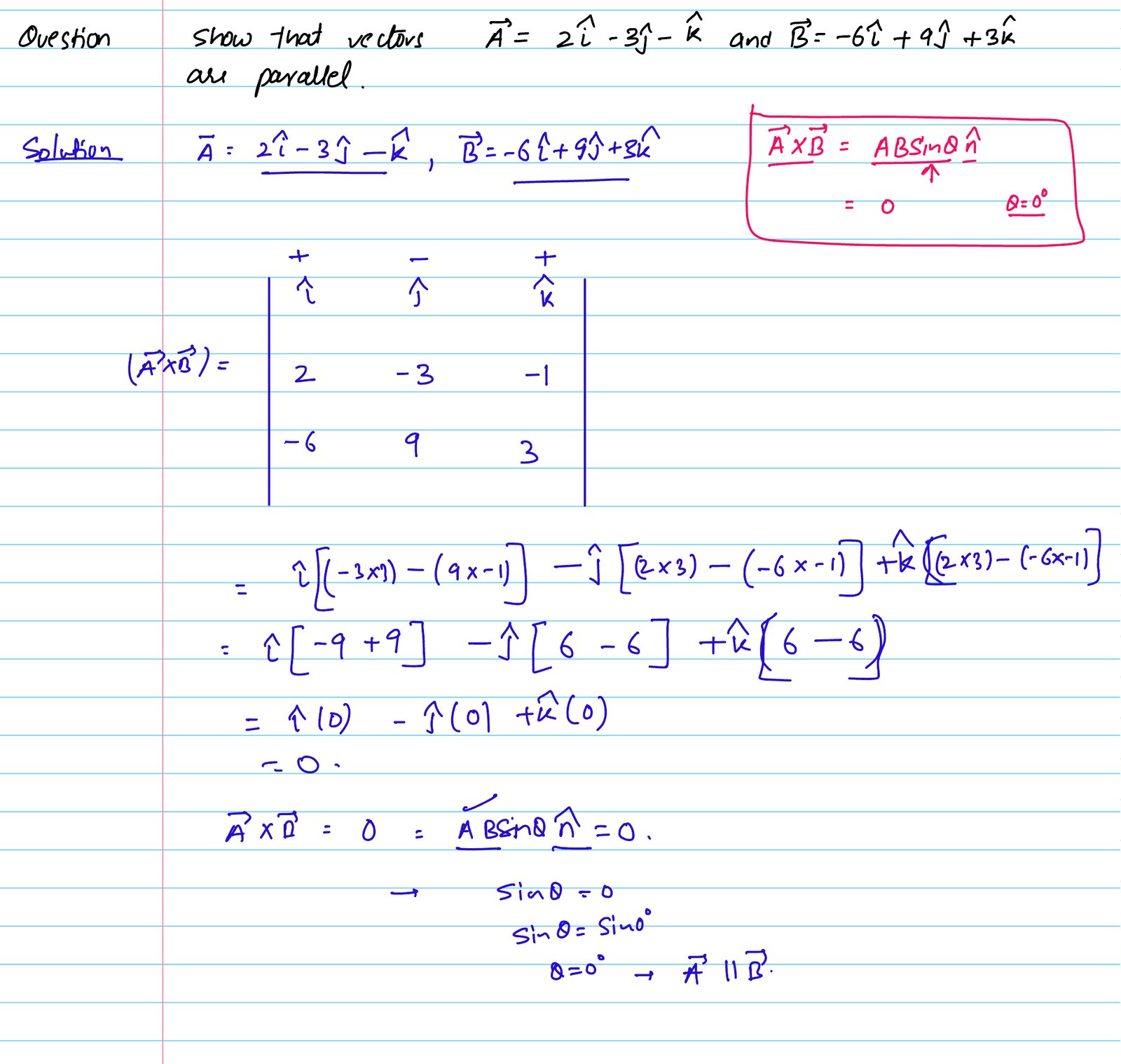 Show that vectors vector A = 2i - 3j - k and vector B = -6i + 9j + 3k are parallel.