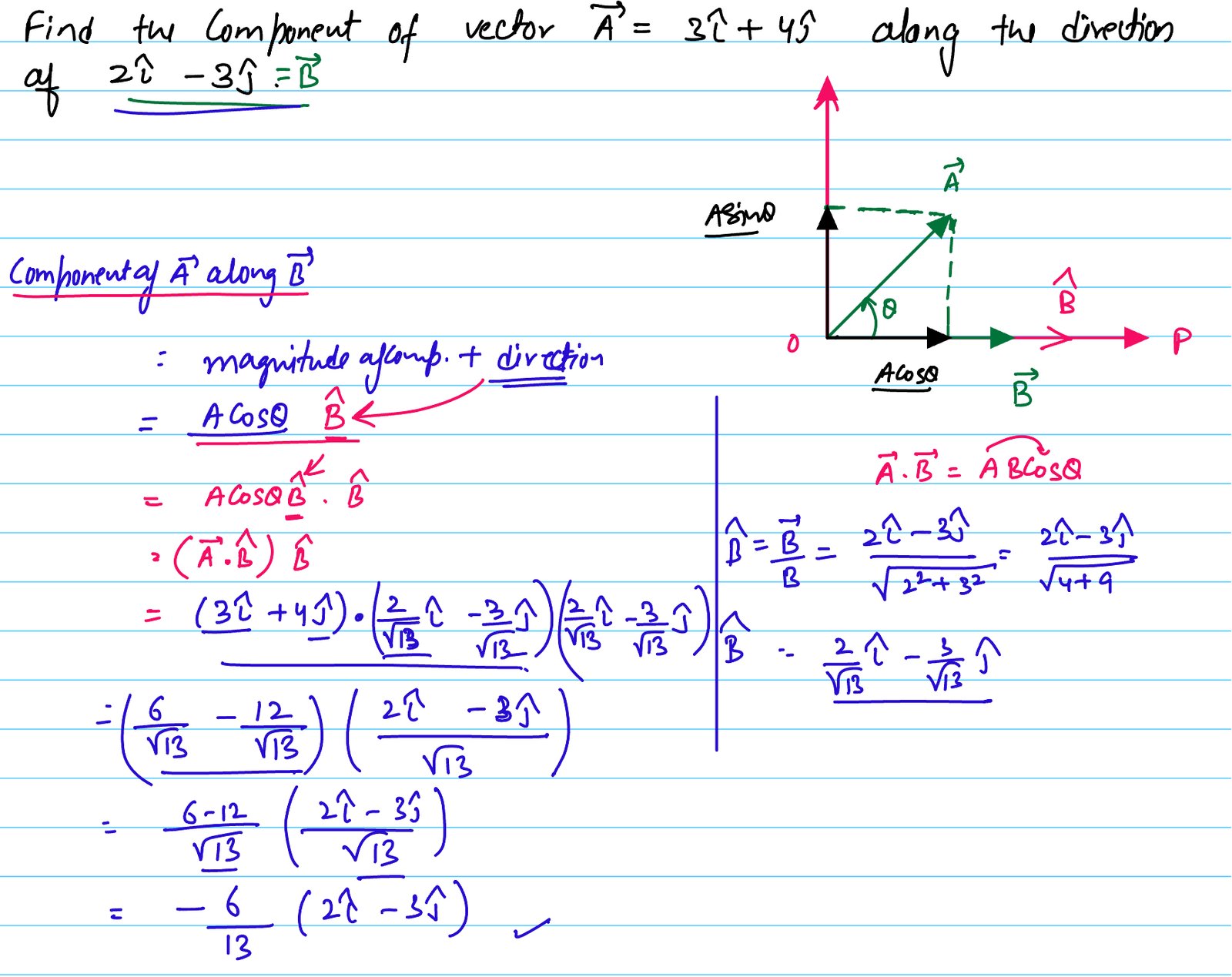 Find the component of vector A = 3i + 4j along the direction of 2i - 3j .